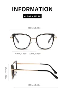 Size chart for cat-eye optical frames showing detailed frame width and lens height