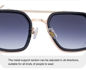 Macro detail of adjustable metal nose pads and double bridge on vintage square sunglasses