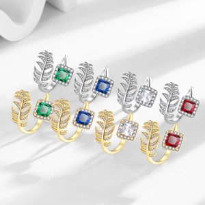 Leaf-shaped open rings with square gemstones in gold and silver finish for women
