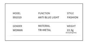 Specifications chart for women's cat-eye glasses showing TR metal frame and blue light filter