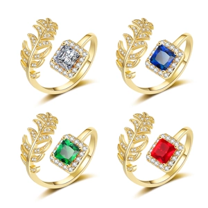 Adjustable 18K gold-plated leaf rings with rectangle zircon stones in four vibrant colors