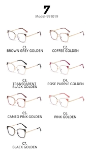 Detailed grid of seven stylish cat-eye optical frames in various colors with metal temples