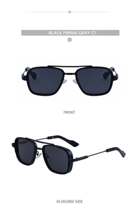 Vue de face et de profil de lunettes de soleil punk carrées avec monture noire et double pont