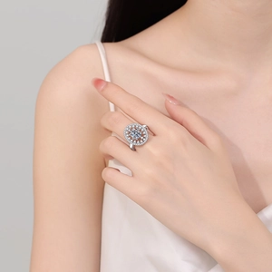 Luxurious silver halo ring with a round center zircon and brilliant double-layer pave stones