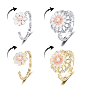 Anello Margherita Rotante Rame Smalto Zirconia Perla Artificial Fiore Antistress Regolabile Aperto Gioielli Da Dito