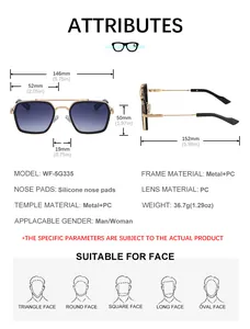 Detailed size chart for retro square sunglasses with metal frames and dimensions