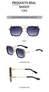 Three perspectives of gold double-bridge sunglasses with gradual gray lenses