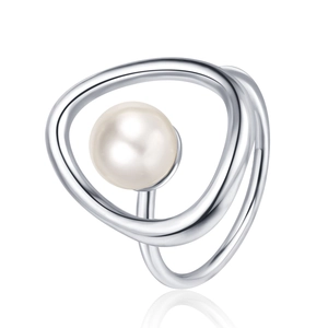 Minimalist silver geometric open ring featuring a white freshwater pearl on white background