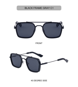Front and side view of square black sunglasses with double bridge metal frame design
