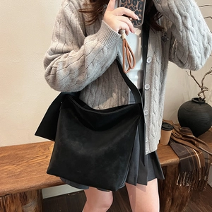 Minimalist black suede bucket bag for women, large capacity shoulder bag for daily commute