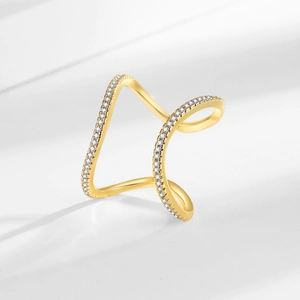 Minimalist double layer wave ring with paved diamonds in 18k gold finish for women