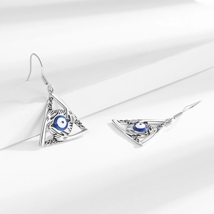 Gothic silver evil eye earrings with triangular hollow frame on minimalist pedestals