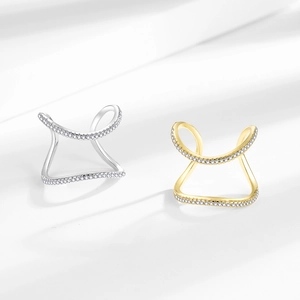 Double curve ear cuff set in gold and silver plating with pave crystals and minimalist design