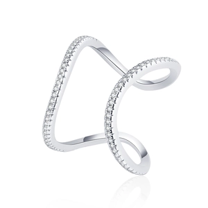 Modern double C-curve silver ring with sparkling micro-pave zirconia in minimalist style