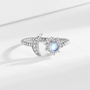 Star and moon open ring with sparkling moonstone and twisted silver band detail