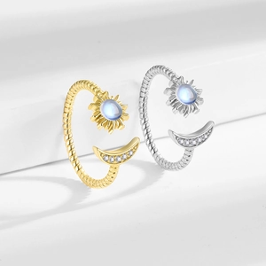 Star and moon open ring set with moonstone and pave crystals on twisted band