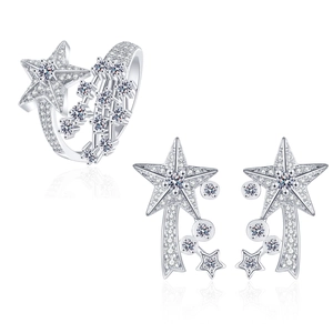 Luxurious starry sky jewelry set with star ring and meteor earrings in full pavé zircon