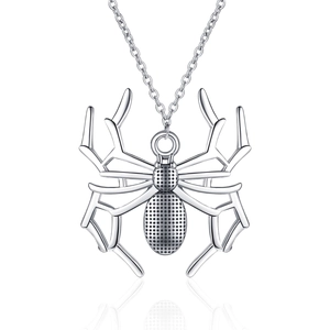Polished silver spider pendant necklace with textured body and geometric legs on cross chain