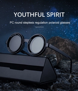 Polarized round black sunglasses with UV400 protection and a matching triangle leather case