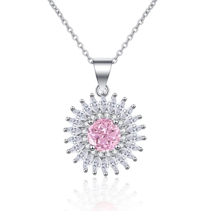 Collier pendentif tournesol en argent avec zircon rose et pétales en marquise clairs