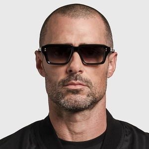 Front close-up of square black frame sunglasses for men with grey gradient lenses