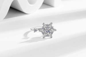 Macro shot of rotatable snowflake ring with zircon inlay and adjustable silver band
