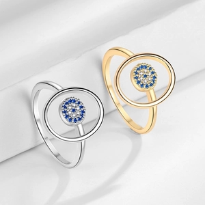 Adjustable evil eye ring with blue zircon inlay in gold and silver finish for women