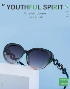Detail of polarized cat-eye sunglasses with gradient frames and black chain temples