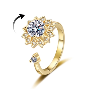 Bague rotative tournesol anti-stress avec cristaux et anneau doré ajustable