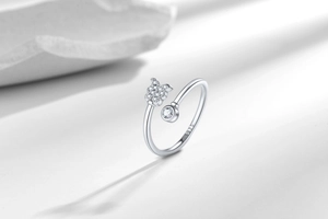 Macro detail of silver adjustable ring featuring a pavé zircon butterfly and S925 hallmark