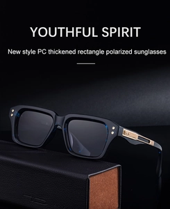 Detail of square polarized sunglasses with thick PC frame and gold striped temple accents
