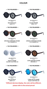 Close-up of retro round polarized sunglasses in multiple colors and TAC lenses