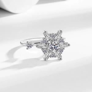 Rotating snowflake fidget ring with sparkling cubic zirconia in silver-tone finish