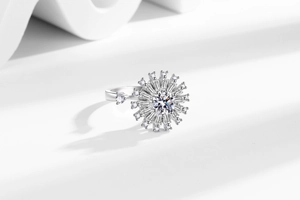 Macro detail of silver adjustable ring featuring sunflower design with sparkling zircons