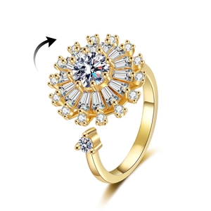 Daisy Sunflower Spinner Ring Copper Gold Plated Cubic Zirconia Rotatable Adjustable Fidget Jewelry For Women Fashion