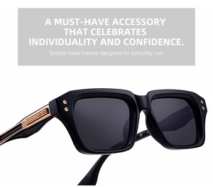 Detailed close-up of square sunglasses featuring golden metal accents on temples
