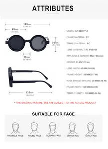 Detailed size specifications for retro round polarized sunglasses with PC frame