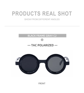 Detailed view of black round TAC polarized sunglasses with UV400 protection and matte finish