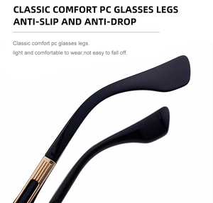 Close-up of black PC temples with gold metal accents and non-slip ergonomic design