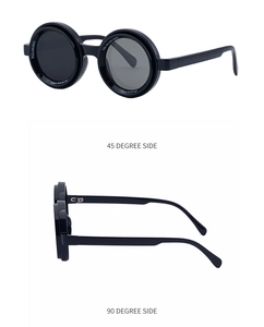 Detail view of round black polarized sunglasses showing UV400 frame from two side angles