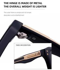 Detailed view of reinforced metal hinges and gold accents on matte black square frames