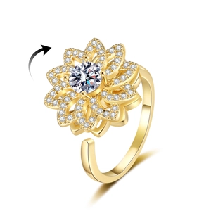 Bague Fleur Rotative Femme Cuivre Zircone Micro Pavé Rotatif Anti Stress Bijoux Réglable Mode Tournesol