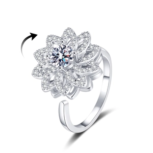 Bague rotative tournesol avec zircone étincelante et anneau réglable en métal argenté