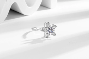 Dettaglio macro dell'anello rotante a stella con zirconi e finitura in argento