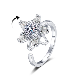 Anello rotante anti-stress a stella con zircone e fascia argento aperta regolabile