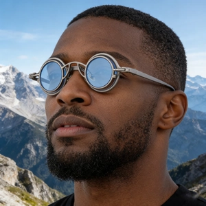 Close-up of steampunk round metal sunglasses with blue lenses worn by a man in snowy mountains