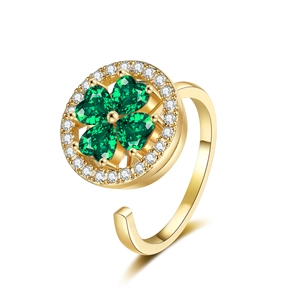 Adjustable golden clover spinning ring with green heart crystals and white rhinestones