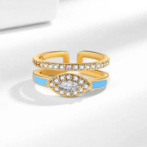 18K gold plated multilayer ring with evil eye motif and blue enamel detail