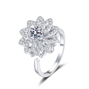Bague fleur en argent S925 avec zircons micro-pavés et anneau ouvert ajustable