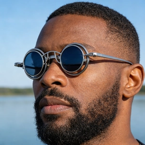 Steampunk round double-rimmed silver metal sunglasses worn by model outdoors